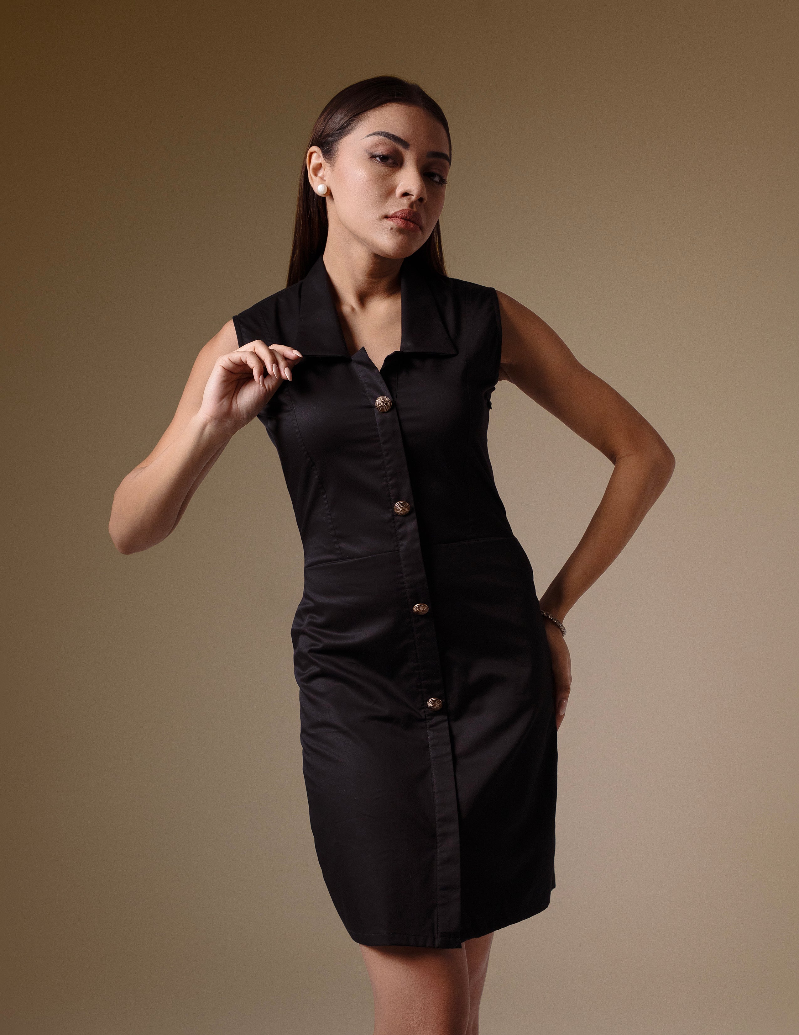 Black Sleeveless Shirt Dress with Golden Buttons