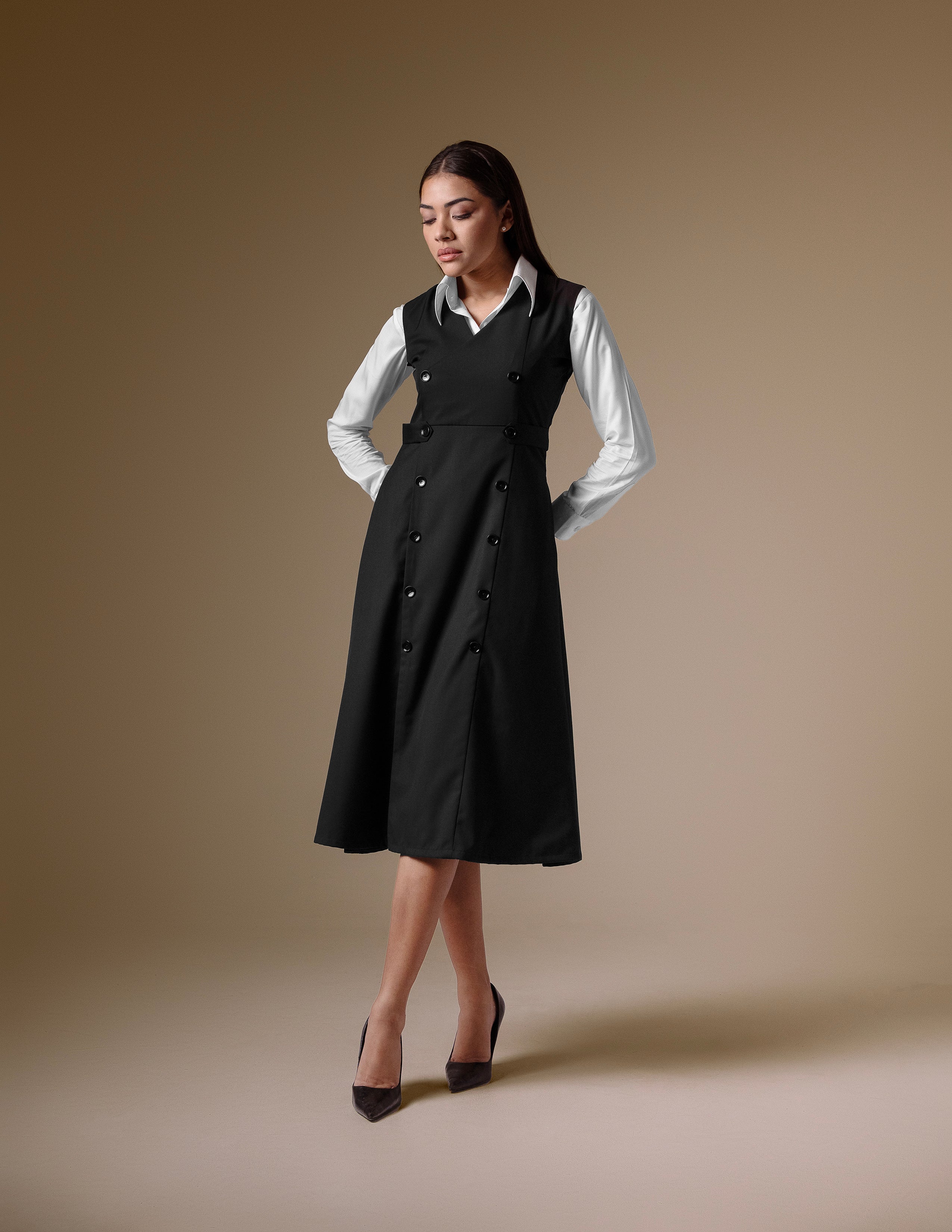 Black Double-Breasted Dress with Classic White Shirt