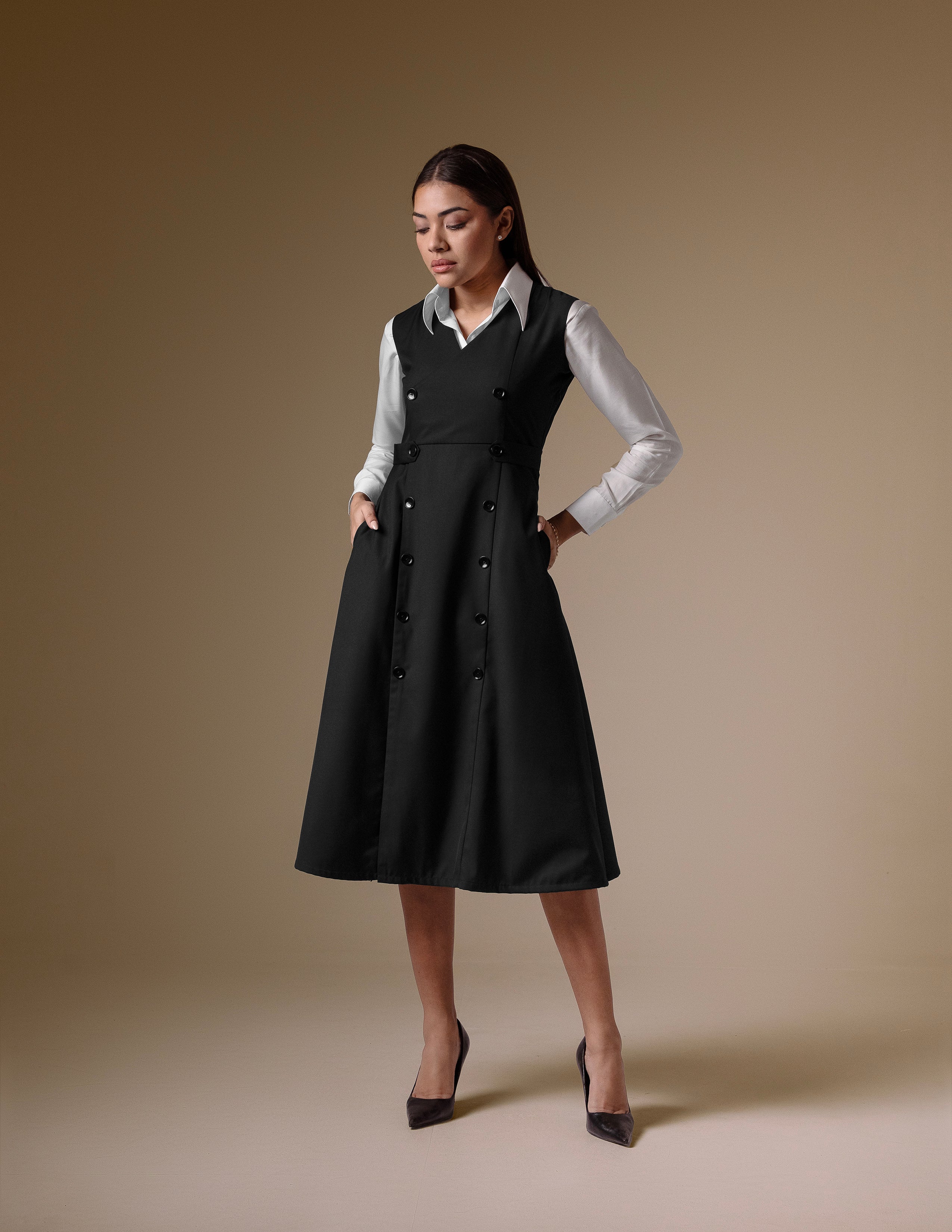 Black Double-Breasted Dress with Classic White Shirt