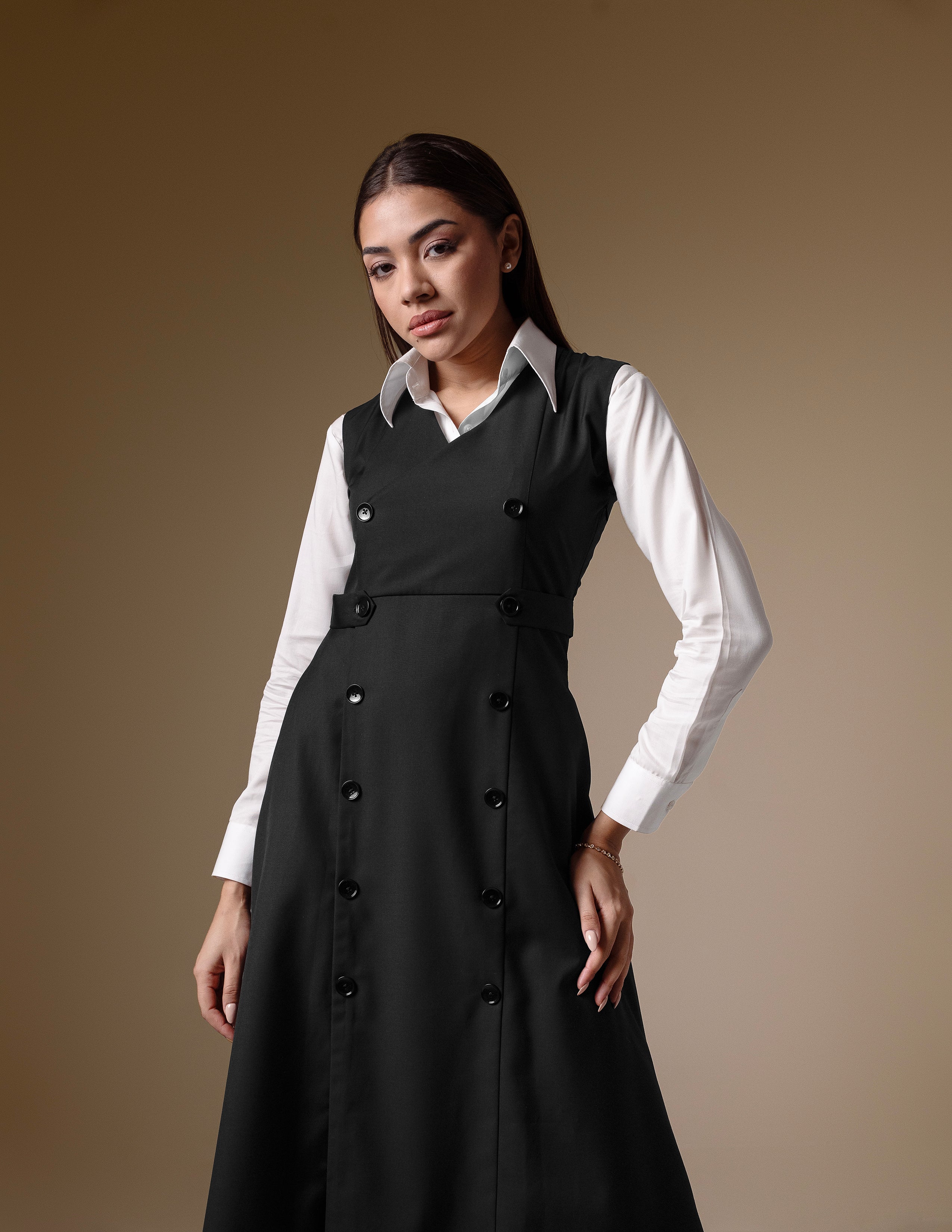 Black Double-Breasted Dress with Classic White Shirt