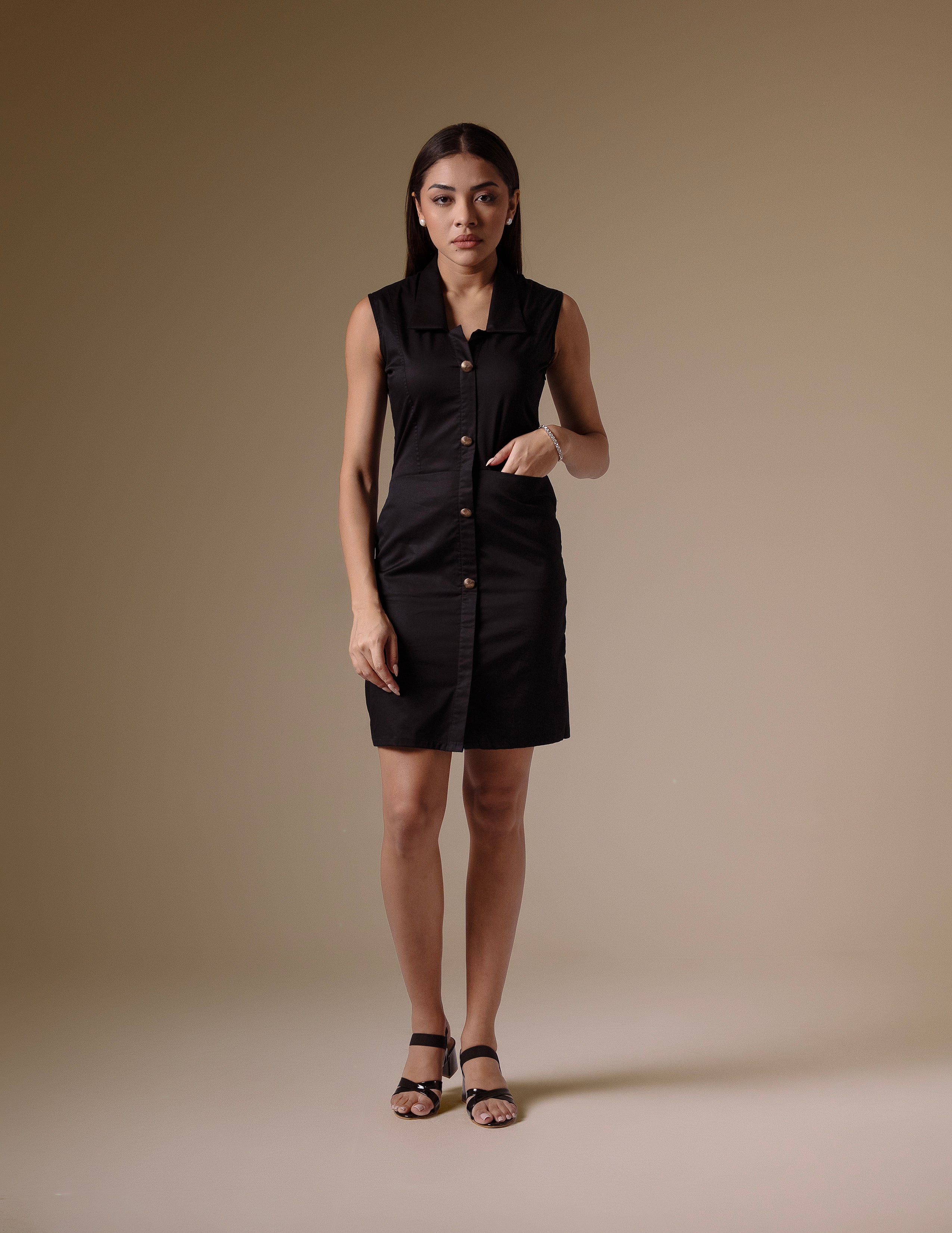 Black Sleeveless Shirt Dress with Golden Buttons