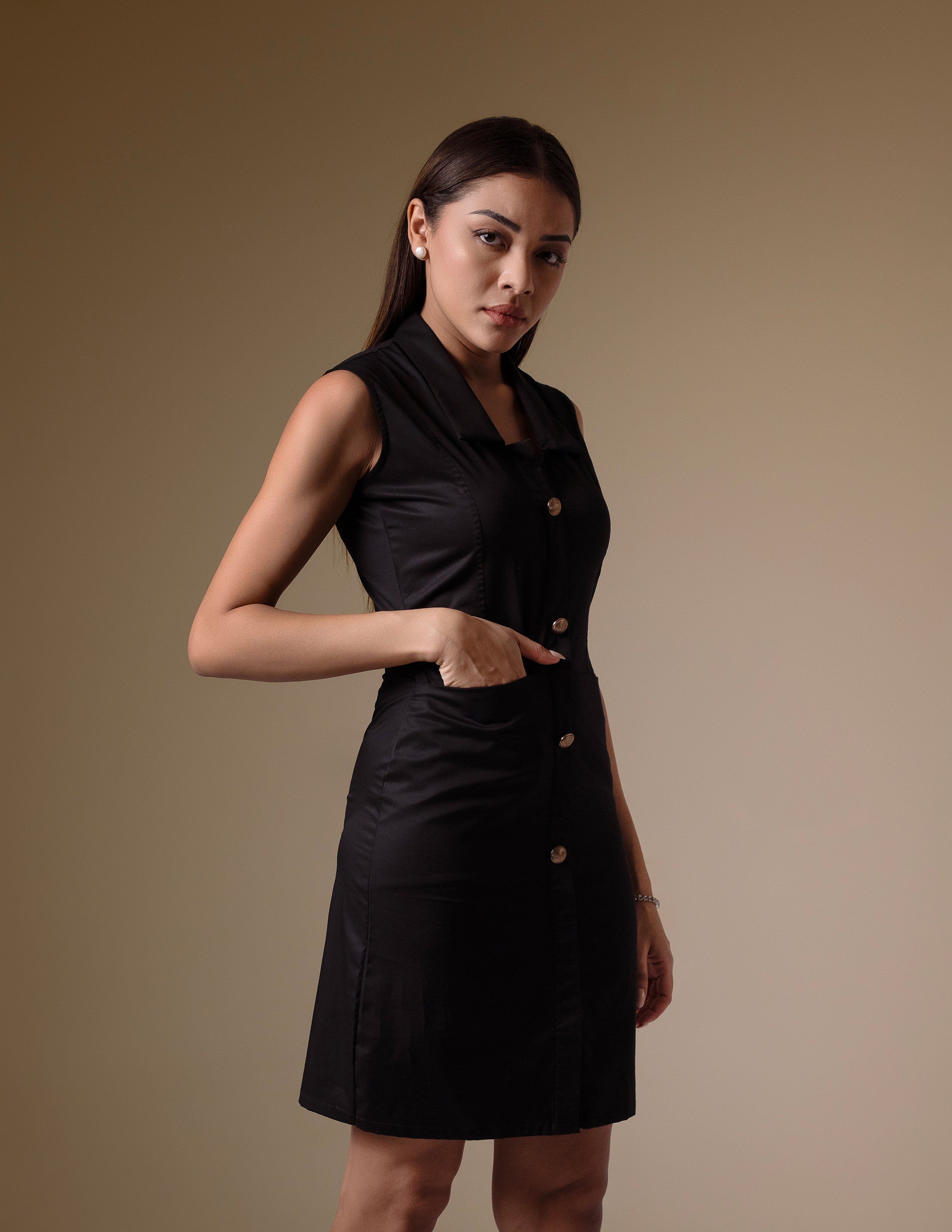 Black Sleeveless Shirt Dress with Golden Buttons