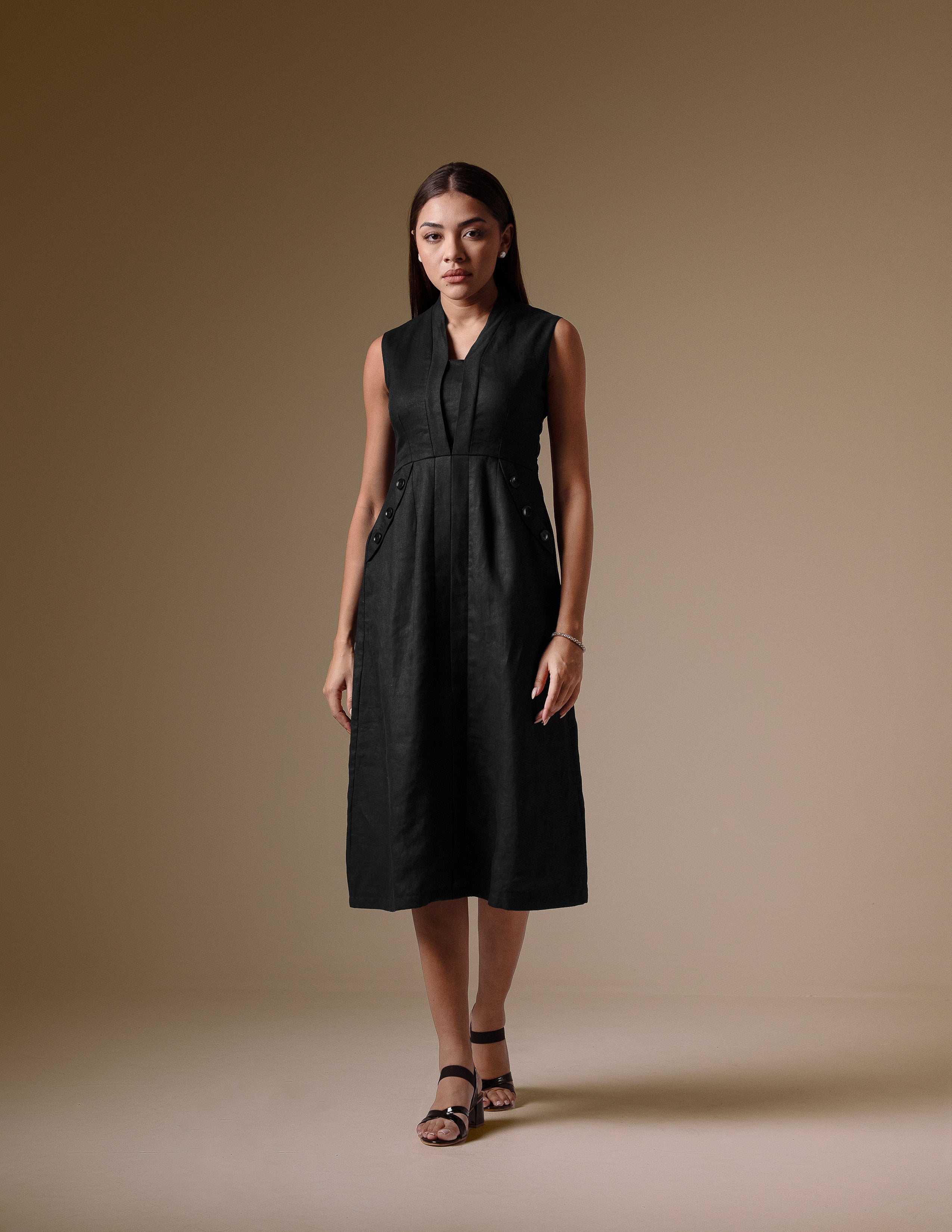 black linen midi dress sleeveless Black Linen Midi Dress | Loose Sleeveless Summer Dress | Modest Flowy Fit | Plus Size Linen