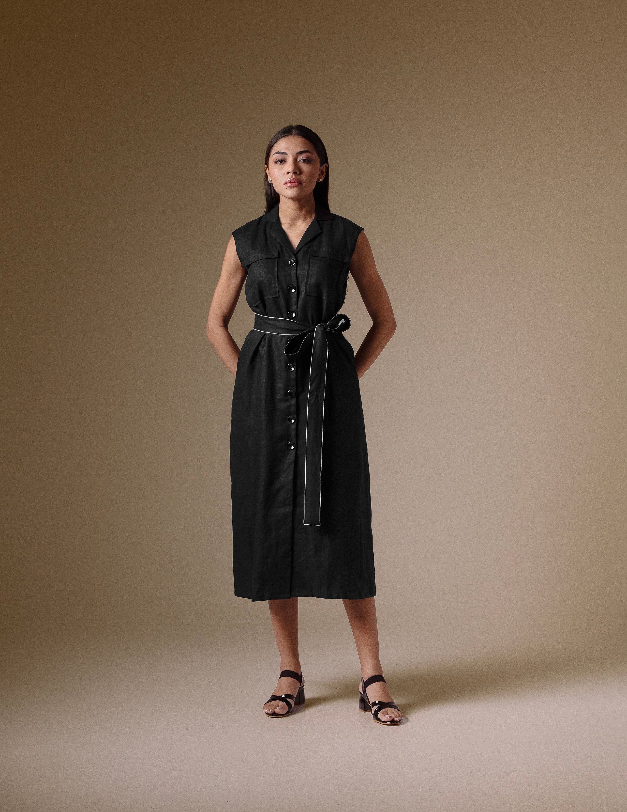Black Linen Belted Dress