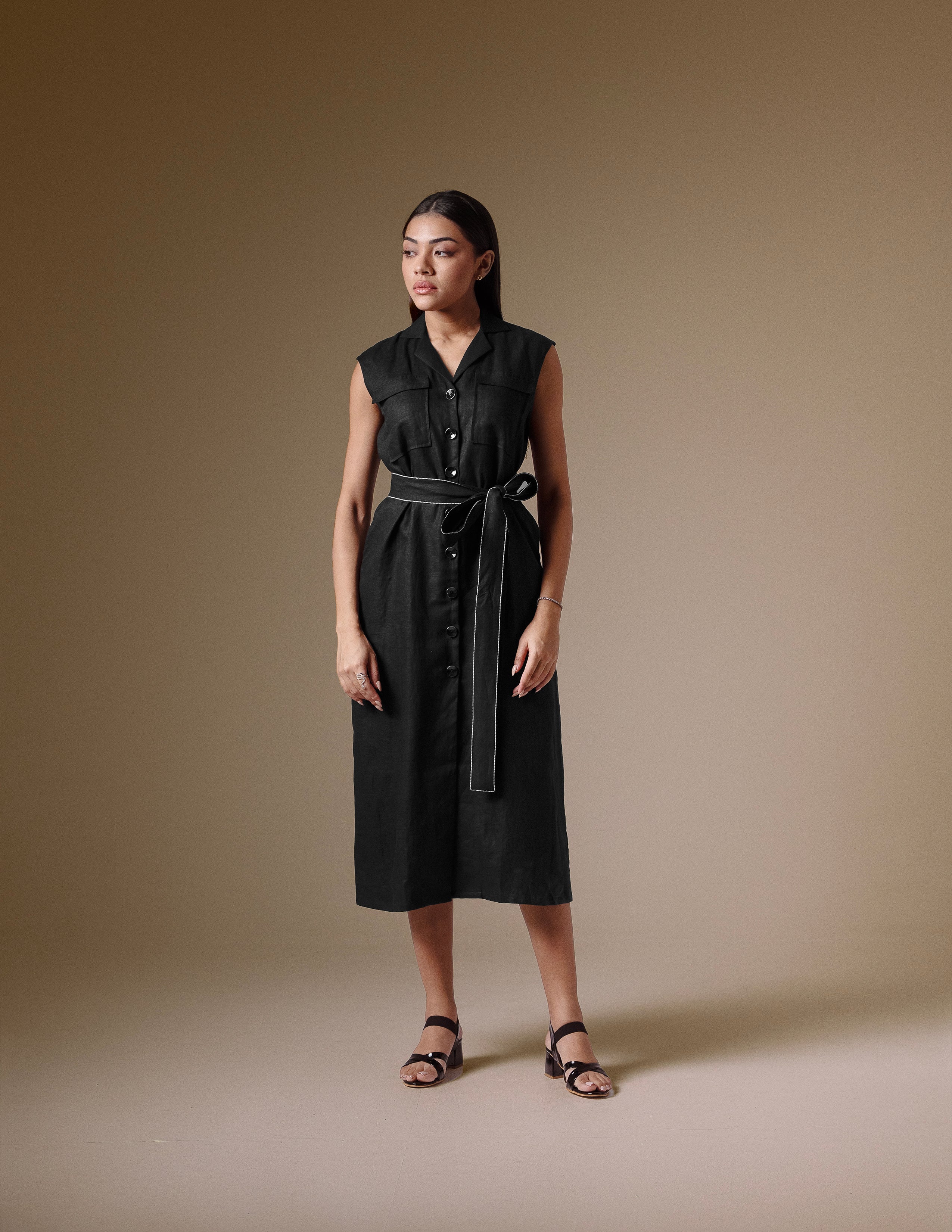 Black Linen Belted Dress