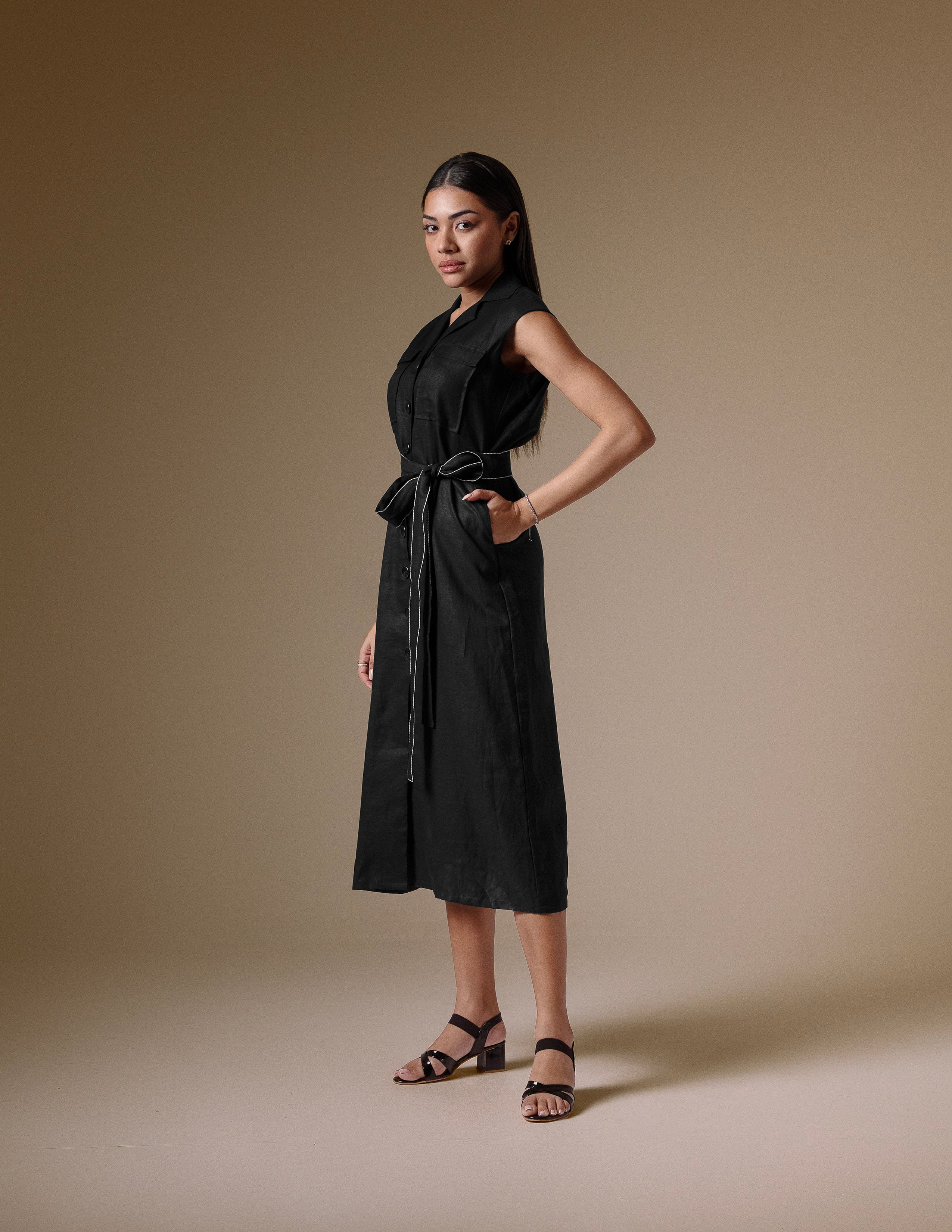Black Linen Belted Dress