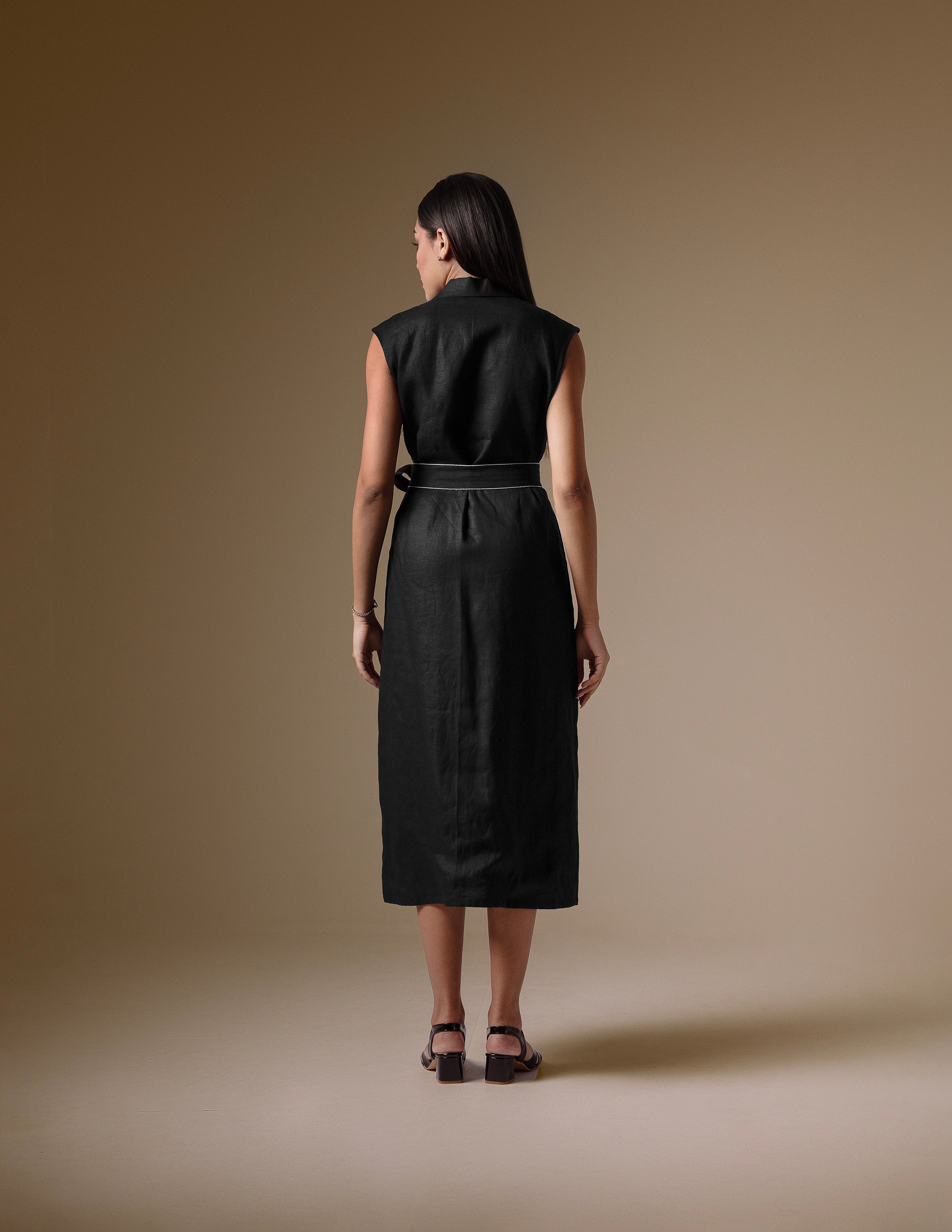 Black Linen Belted Dress