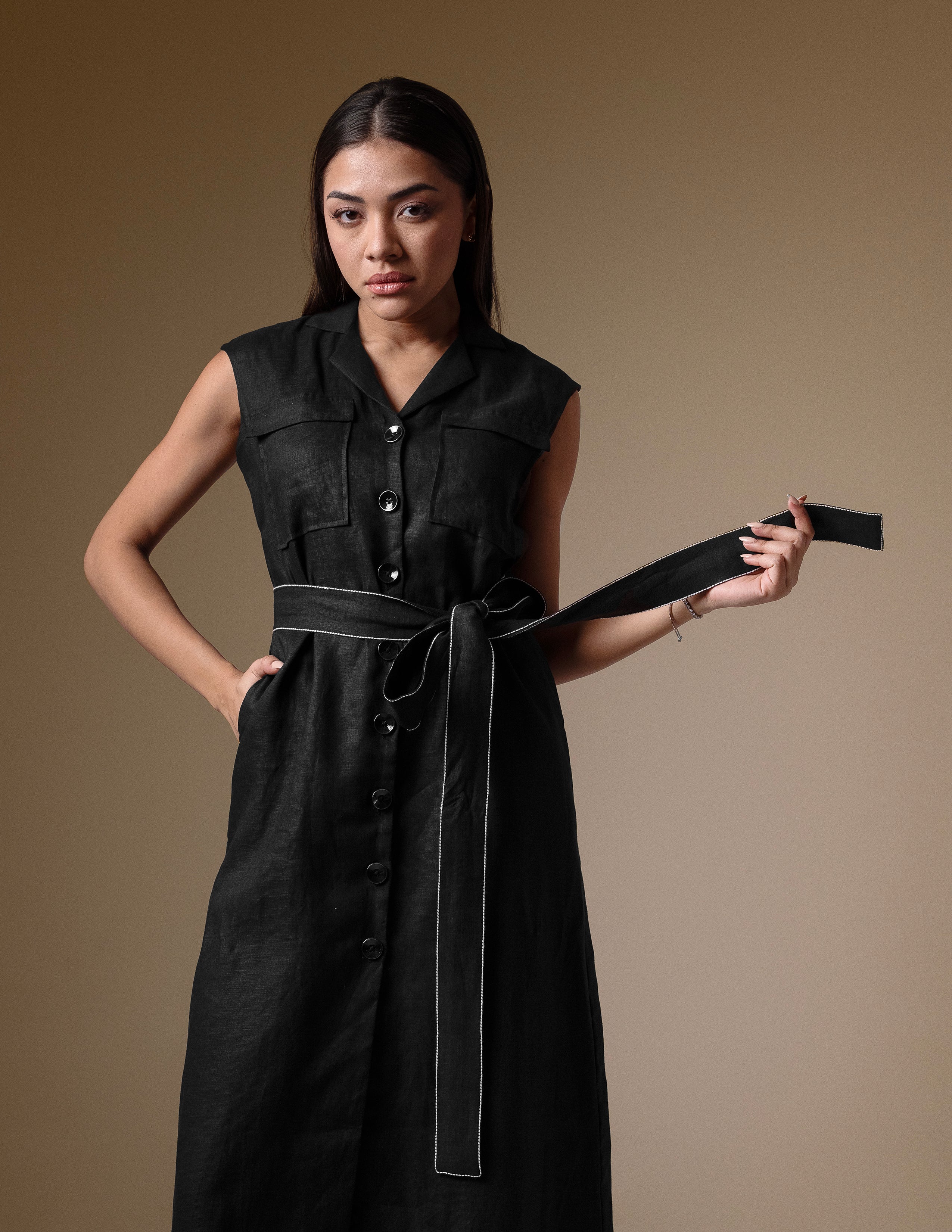 Black Linen Belted Dress