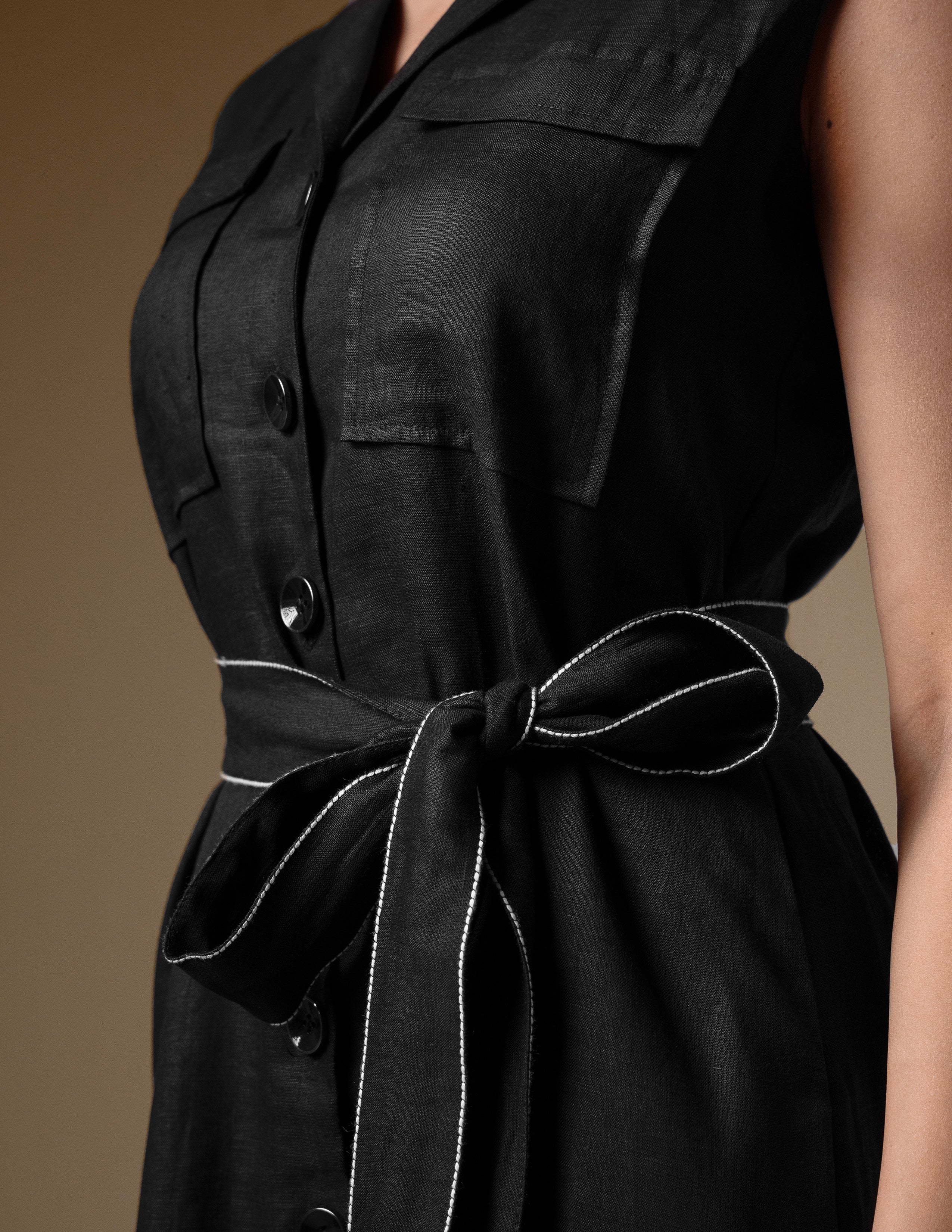 Black Linen Belted Dress