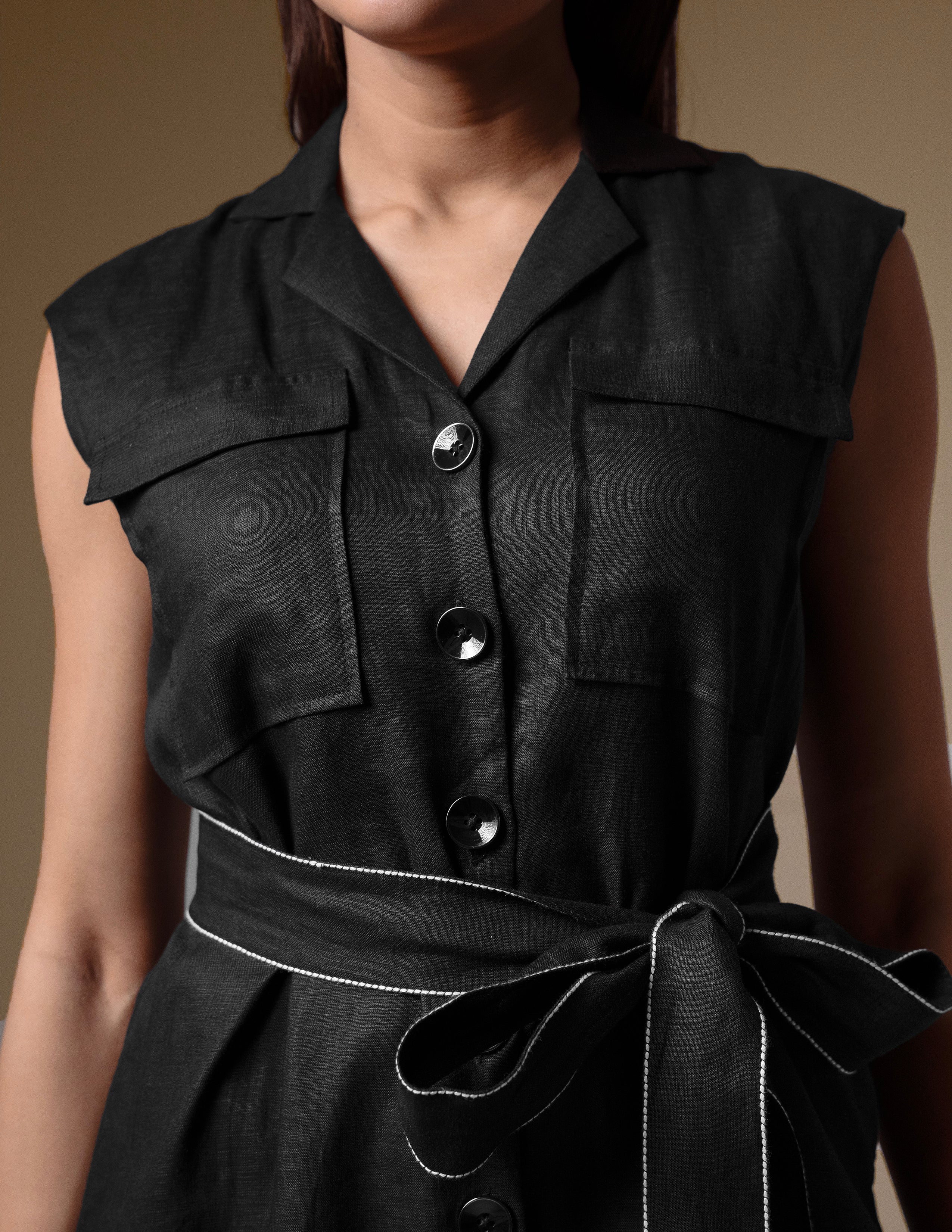 Black Linen Belted Dress