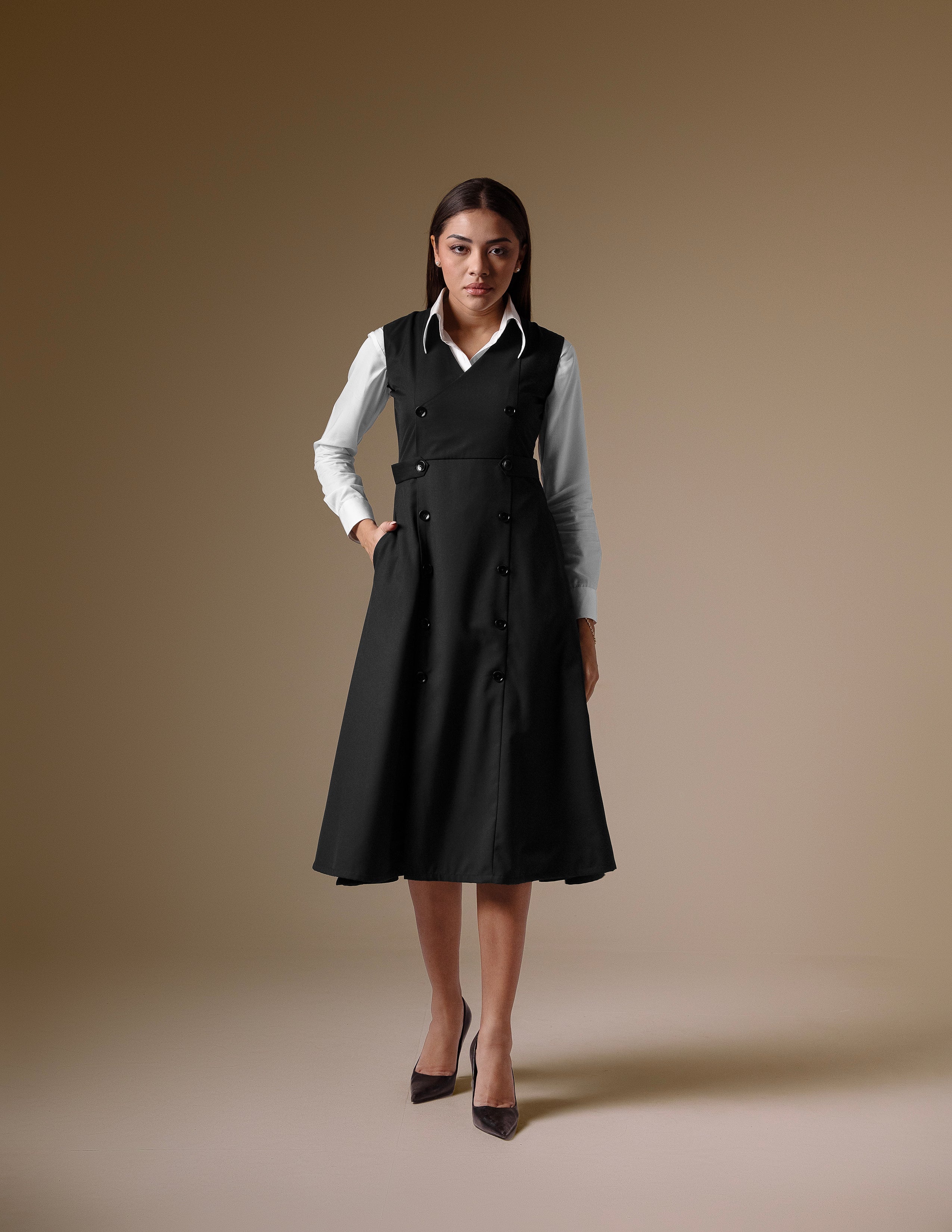 Black Double-Breasted Dress with Classic White Shirt