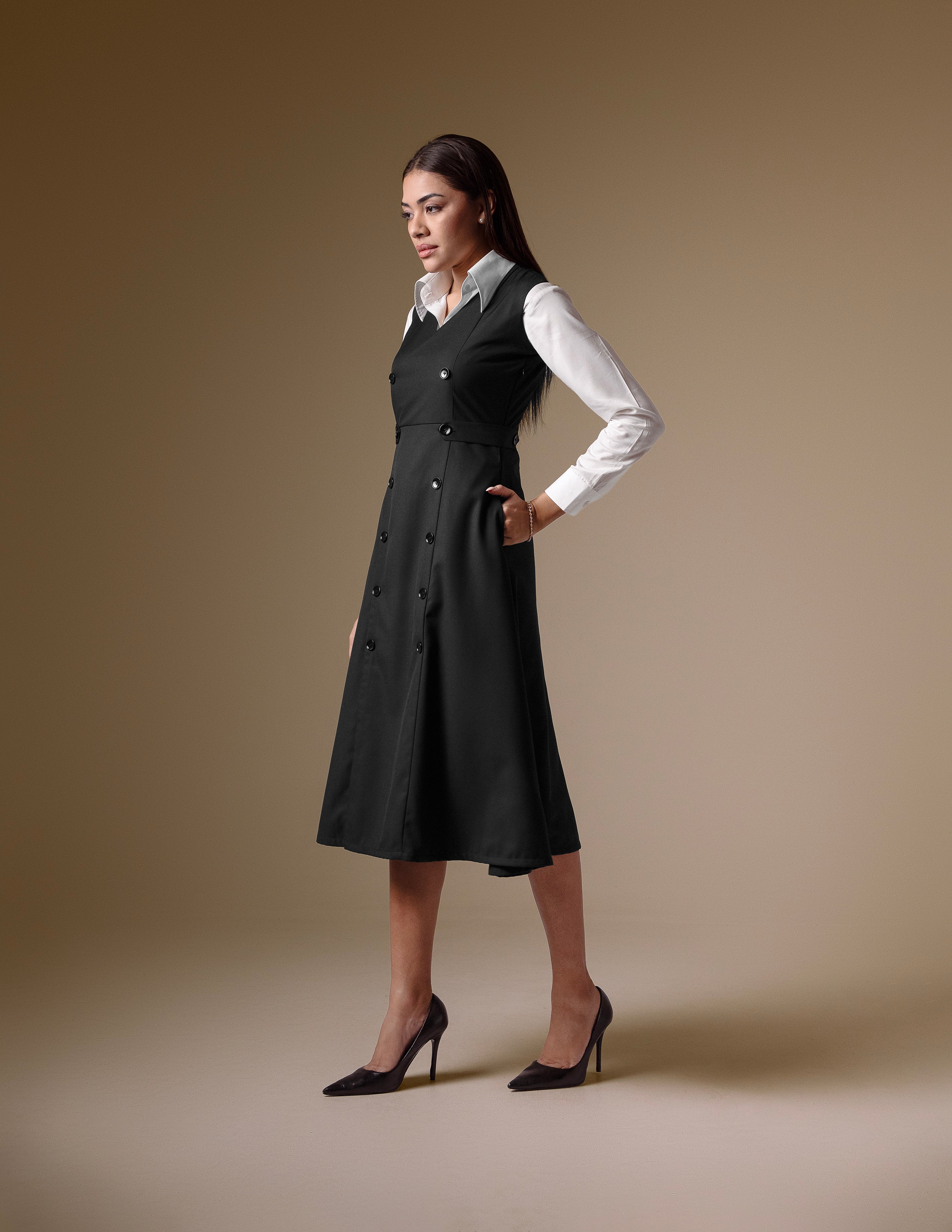 Black Double-Breasted Dress with Classic White Shirt