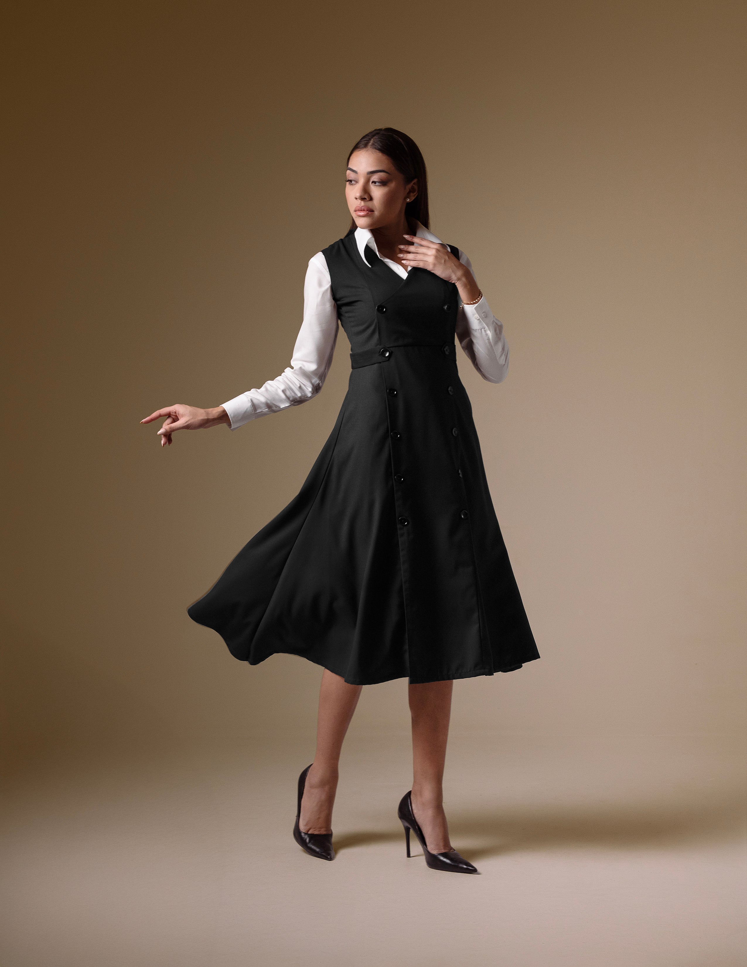 Black Double-Breasted Dress with Classic White Shirt