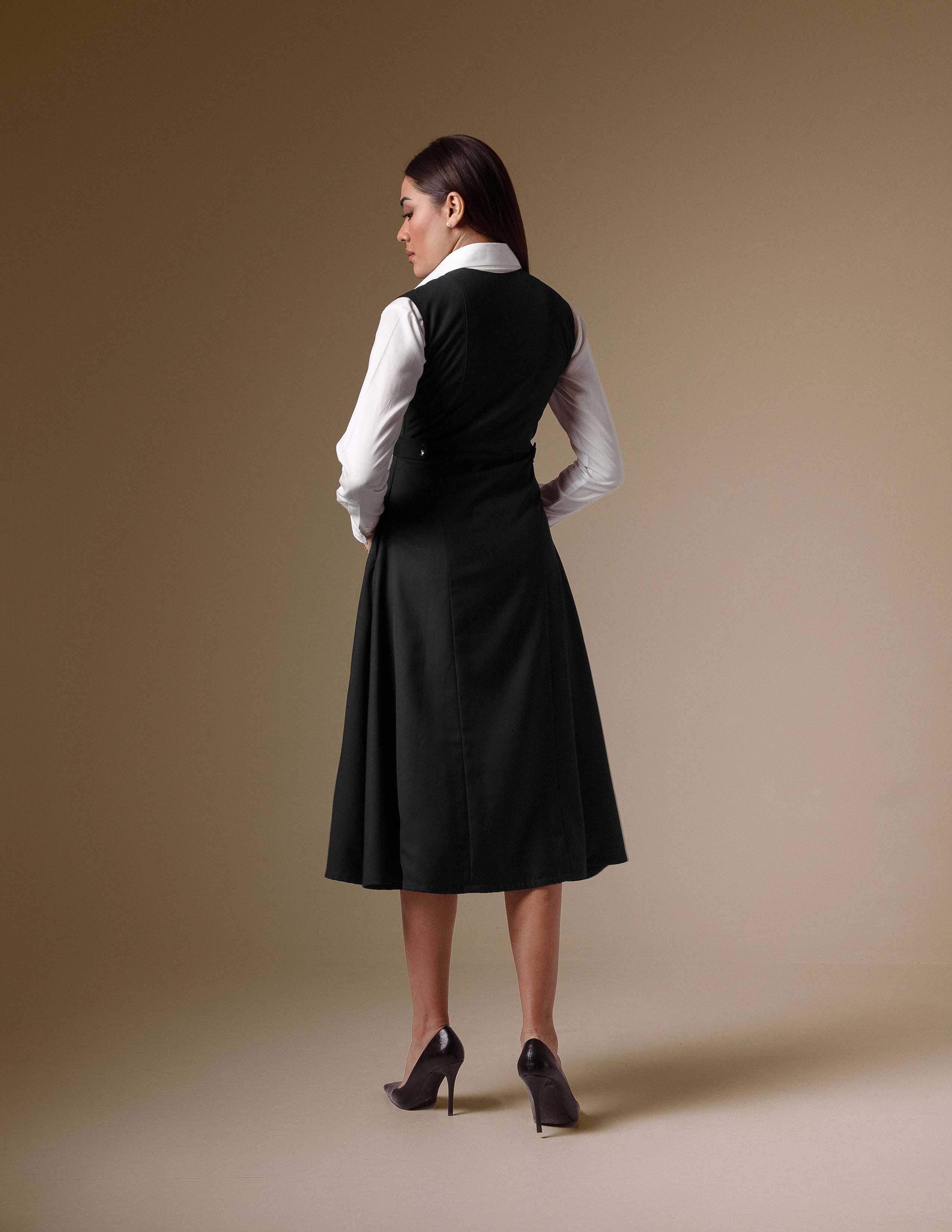 Black Double-Breasted Dress with Classic White Shirt